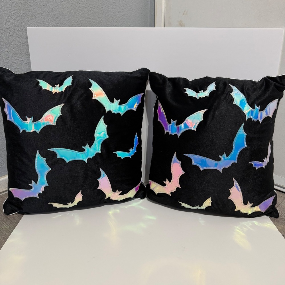 Set of 2 Black Velvet Iridescent Holographic Bat Throw Pillows Gothic Halloween